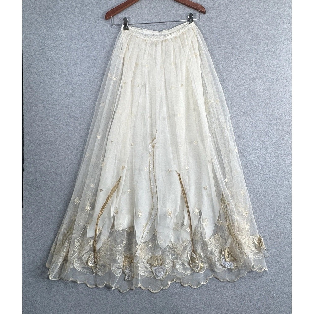 Whimsical Fairycore Ethereal Tulle Maxi Skirt XS Cream Gold Embroidered Bridal - Picture 15 of 16